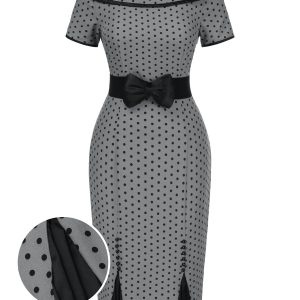 Gray 1960s Boat Neck Polka Dots Pencil Dress