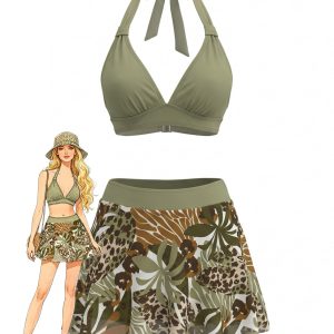 Gray Green 1980s Tropical Leopard Halter Tie Skirted Bikini Set