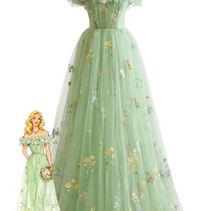 Green 1930s Floral Embroidered Mesh Strapless Dress
