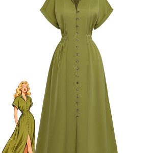 Green 1930s Lapel Single-Breasted Slit Shirt Dress