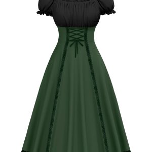 Green 1940s Colorblock Lace-Up Dress