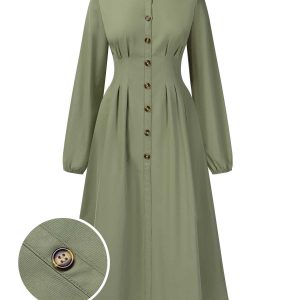 Green 1940s Shirt Neck Long Sleeve Solid Dress