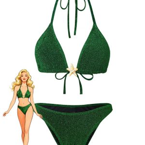 Green 1940s Solid Starfish Sequined Bikini Set