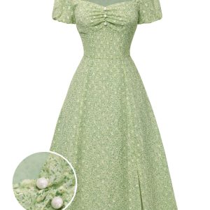 Green 1940s Sweetheart Ditsy Floral Dress
