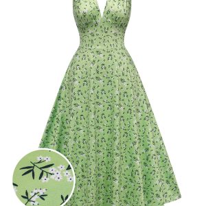 Green 1940s V-Neck Ditsy Floral Dress