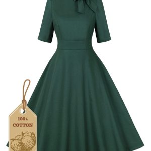 Green 1950s Cotton Tie Elbow Sleeves Dress