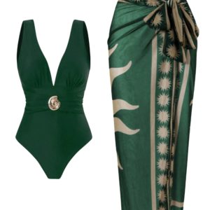 Green 1950s Deep V One-Piece Swimsuit & Mesh Cover-Up