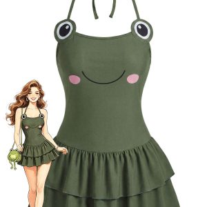 [Pre-Sale] Green 1950s Frog Print Halter Ruffled One-Piece Swimdress