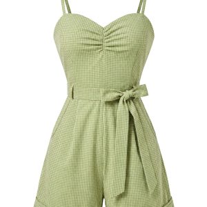 [Pre-Sale] Green 1940s Gingham Spaghetti Strap Tie Romper