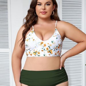 [Plus Size] Green 1950s Lace-Up Floral Bikini Set