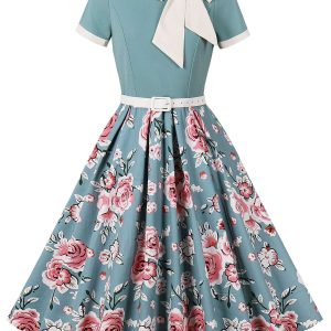 Green 1950s Rose Patchwork Tie Collar Dress