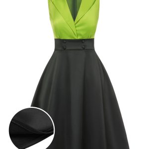 Green 1950s Satin Lapel Patchwork Dress