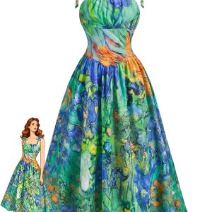 Green 1950s Iris Oil Painting Spaghetti Strap Dress