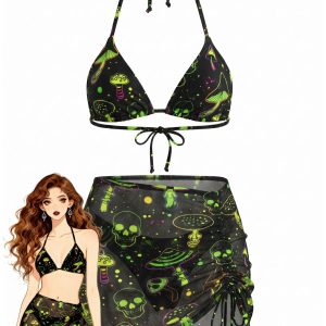 Green 1960s Goth Mushroom Skull Halter Mesh Bikini Set