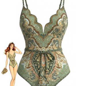 Green 1970s Bohemia Petal Collar One-Piece Swimsuit