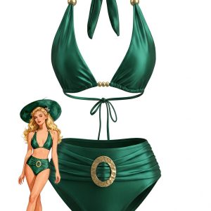 Green 1980s Halter Satin Gold Ring Bikini Set