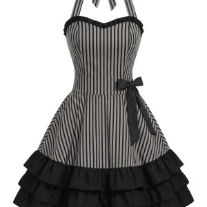 [Pre-Sale] Grey 1950s Halter Striped Ruffle Swing Dress