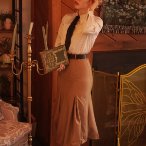 Khaki 1930s Striped Lapel Blouse Detachable Tie Dress