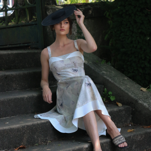 Khaki 1950s Newspaper Butterfly Patchwork Dress