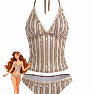 Khaki 1950s Striped Crochet 3D Seashell & Starfish Tankini Set