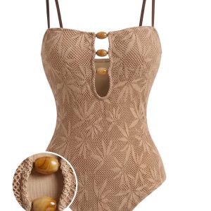 Khaki 1960s Jacquard Beaded One-Piece Swimsuit