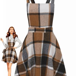 Khaki 1960s Square Neck Plaid Overall Dress
