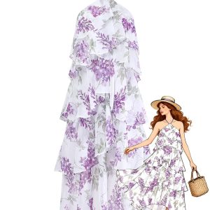 Lavender 1930s Floral Halter Tiered Ruffled Dress