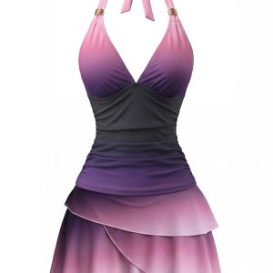 Lavender 1980s Halter Ombre Ruched Tankini Set
