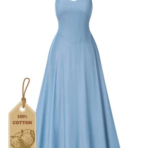 Light Blue 1930s Solid Straps Cotton Dress