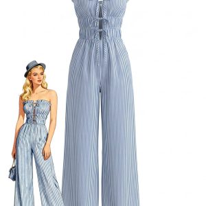Light Blue 1950s Strapless Tie-Front Stripe Jumpsuit