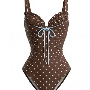 [Pre-Sale] Light Coffee 1960s Polka Dot Colorblock Swimsuit