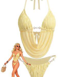 Light Yellow 1980s Sheer Halter Ruched Bikini Set