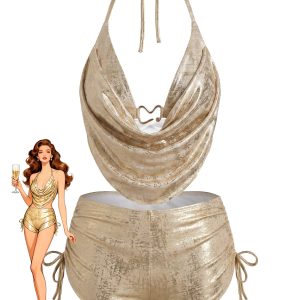 Metallic Gold 1970s Halter Cowl Neck Foil Bikini Set