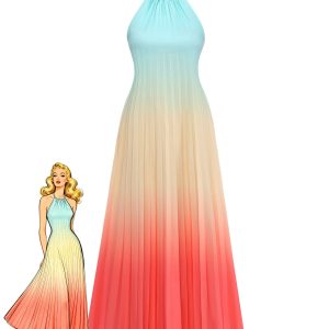 Multicolor 1930s Halter Gradient Pleated Maxi Dress