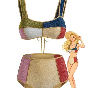 Multicolor 1940s Patchwork Metallic Bikini Set