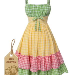 Multicolor 1950s Pure Cotton Straps Plaid Dress