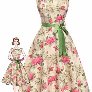 Multicolor 1950s Rose Pictorial Belted Dress