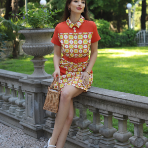 Multicolor 1960s Daisy Lapel Belt Dress