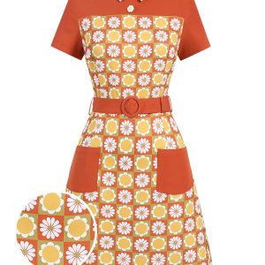 Multicolor 1960s Daisy Lapel Belt Dress