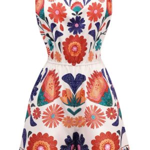 Multicolor 1960s Floral Bandeau Backless Romper