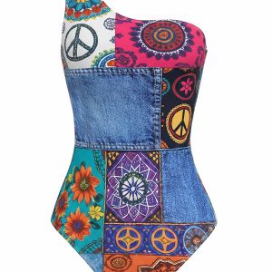 [Pre-Sale] Multicolor 1960s Hippie Asymmetrical One-Shoulder Swimsuit