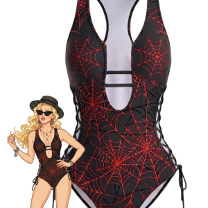 Red 1960s Spider Web Cutout Strappy Swimsuit