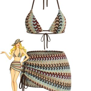 Multicolor 1970s Boho Halter Bikini Set & Cover-Up