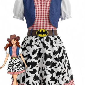 Multicolor 1970s Plaid Bats Cow Skin Patchwork Dress