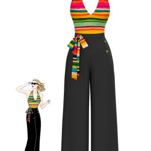 Multicolor 1970s Striped Bow Halter Jumpsuit
