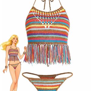 Multicolor 1970s Striped Tassel Crochet Halter Bikini Set