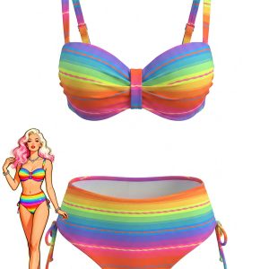Multicolor 1980s Rainbow Ruched Bikini Set
