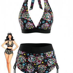 Multicolor 1980s Sugar Skull Halter Gothic Bikini Set