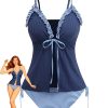 Navy Blue 1950s Ruffled Striped Tie Front Tankini Set
