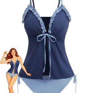Navy Blue 1950s Ruffled Striped Tie Front Tankini Set